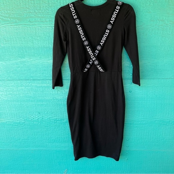 STUSSY ORIGINAL BLACK T-SHIRT SUSPENDER MIDI DRESS SIZE SMALL POCKETS EUC - Picture 2 of 6